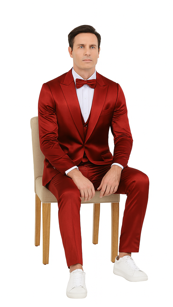 Tazzio Men's Burgundy Satin Double Breasted 3 Piece Skinny Fit Suit with Peak Lapel Jacket and Vest Modern Fit