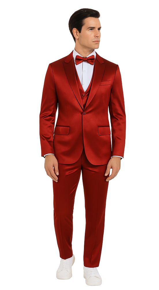 Tazzio Men's Burgundy Satin Double Breasted 3 Piece Skinny Fit Suit with Peak Lapel Jacket and Vest Modern Fit