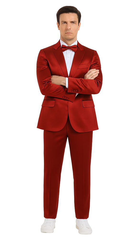 Tazzio Men's Burgundy Satin Double Breasted 3 Piece Skinny Fit Suit with Peak Lapel Jacket and Vest Modern Fit