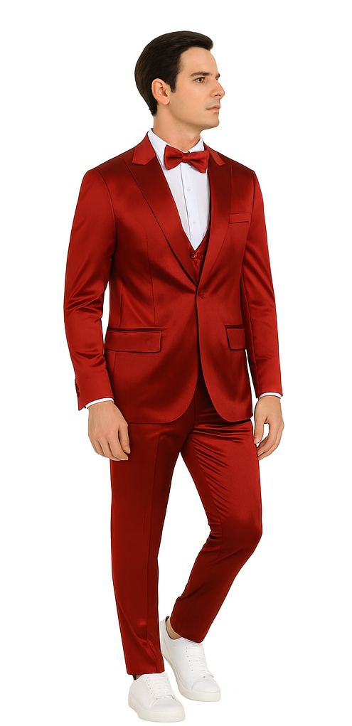 Tazzio Men's Burgundy Satin Double Breasted 3 Piece Skinny Fit Suit with Peak Lapel Jacket and Vest Modern Fit