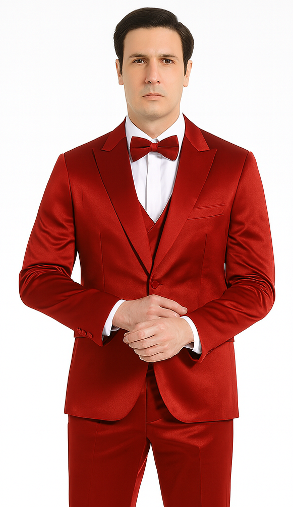 Tazzio Men's Burgundy Satin Double Breasted 3 Piece Skinny Fit Suit with Peak Lapel Jacket and Vest Modern Fit