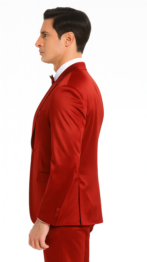 Tazzio Men's Burgundy Satin Double Breasted 3 Piece Skinny Fit Suit with Peak Lapel Jacket and Vest Modern Fit