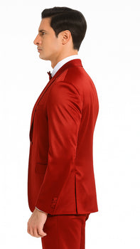 Tazzio Men's Burgundy Satin Double Breasted 3 Piece Skinny Fit Suit with Peak Lapel Jacket and Vest