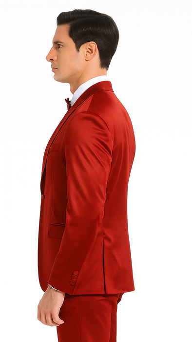 Tazzio Men's Burgundy Satin Double Breasted 3 Piece Skinny Fit Suit with Peak Lapel Jacket and Vest