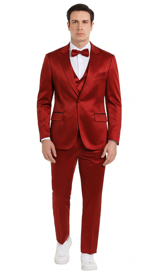 Tazzio Men's Burgundy Satin Double Breasted 3 Piece Skinny Fit Suit with Peak Lapel Jacket and Vest