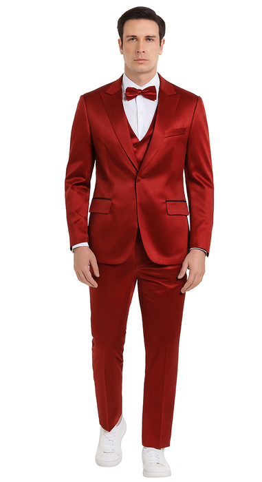 Tazzio Men's Burgundy Satin Double Breasted 3 Piece Skinny Fit Suit with Peak Lapel Jacket and Vest