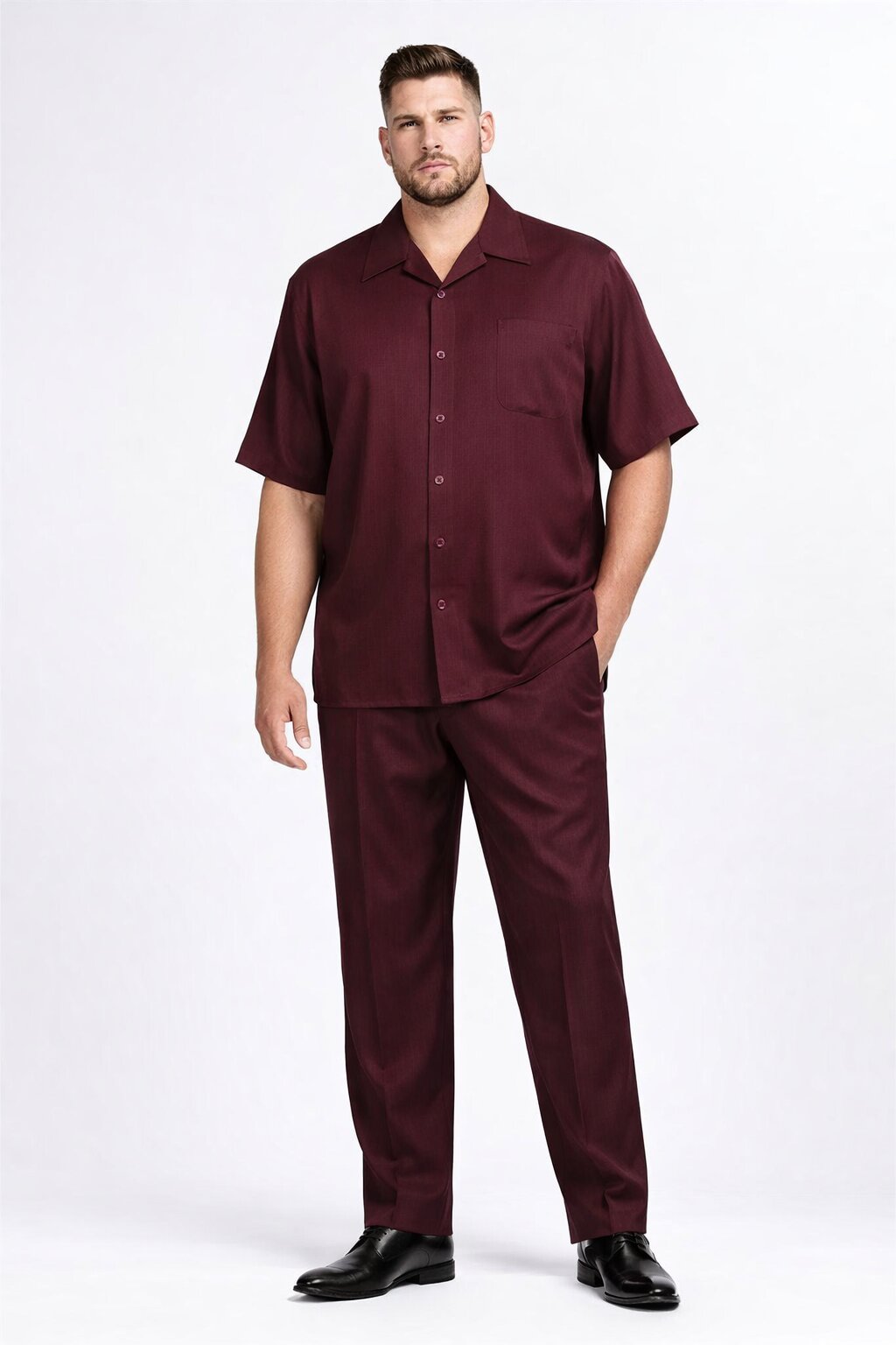 New Mens 2pc Walking Suit Short Sleeve Casual Shirt and Pants Set - Burgundy