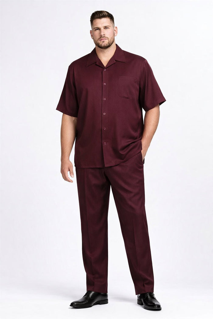 New Mens 2pc Walking Suit Short Sleeve Casual Shirt and Pants Set - Burgundy
