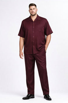 New Mens 2pc Walking Suit Short Sleeve Casual Shirt and Pants Set - Burgundy