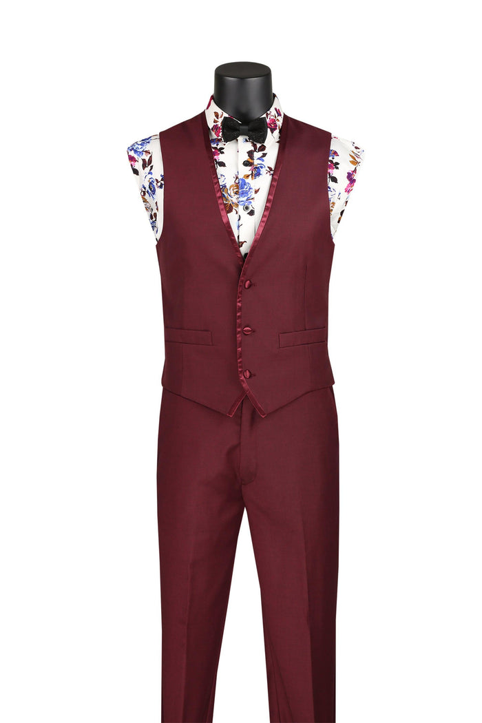Burgundy Trimmed Lapel Slim Fit 3 Piece Suit - Image 2