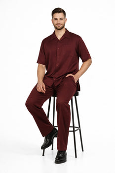 New Mens 2pc Walking Suit Short Sleeve Casual Shirt and Pants Set - Burgundy