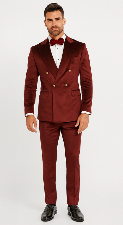 Burgundy Velvet Double Breasted Suits - Velvet Pants - Slim Fit Suit
