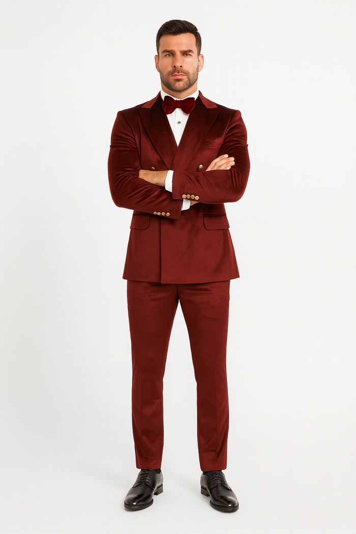 Burgundy Velvet Double Breasted Suits - Velvet Pants - Slim Fit Suit - Image 6