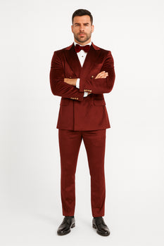 Burgundy Velvet Double Breasted Suits - Velvet Pants - Slim Fit Suit - Image 6