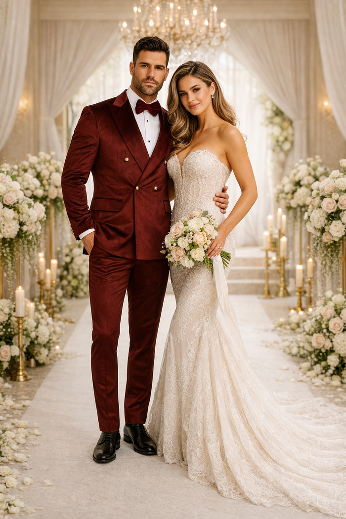 Burgundy Velvet Double Breasted Suits - Velvet Pants - Slim Fit Suit - Image 8
