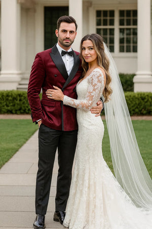 Burgundy Velvet Double Breasted Tuxedo Jacket – Wedding & Prom - Image 2
