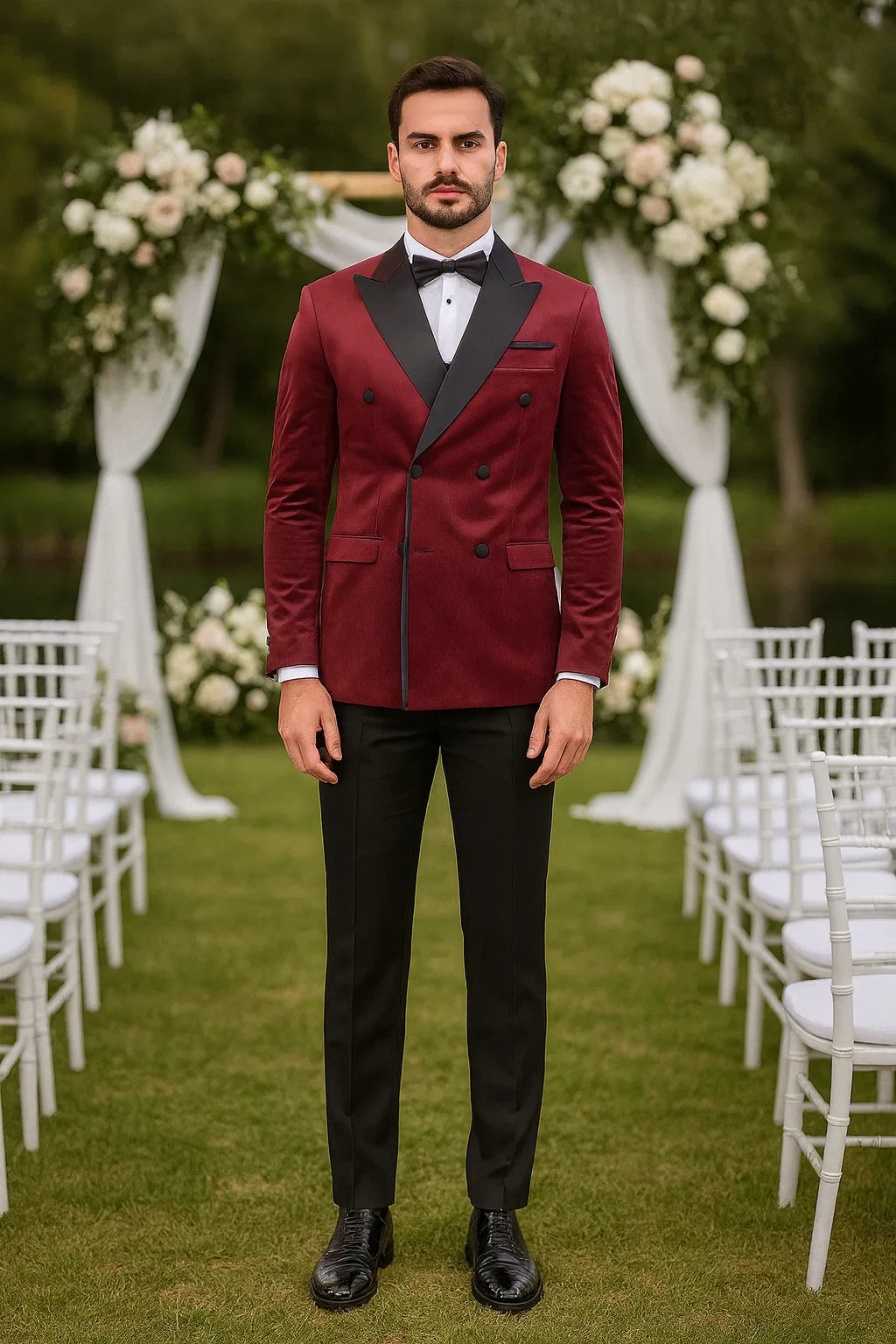 Burgundy Velvet Double Breasted Tuxedo Jacket – Wedding & Prom - Image 4