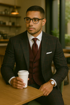 Wool Suit - Italian Made Business Suit by Statement Men's 3 Piece 100% Wool Modern Fit Suit - Bold Accent Color