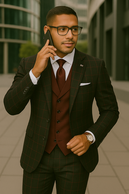 Wool Suit - Italian Made Business Suit by Statement Men's 3 Piece 100% Wool Modern Fit Suit - Bold Accent Color
