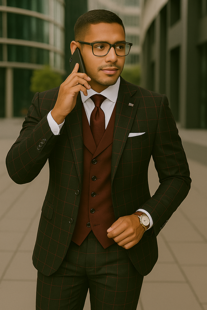 Wool Suit - Italian Made Business Suit by Statement Men's 3 Piece 100% Wool Modern Fit Suit - Bold Accent Color