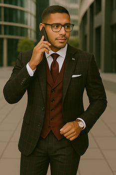 Wool Suit - Italian Made Business Suit by Statement Men's 3 Piece 100% Wool Modern Fit Suit - Bold Accent Color