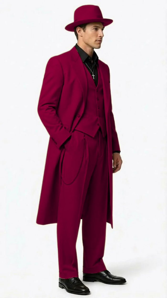 Men’s 1920s Burgundy Zoot Suit – Long Mafia Gangster Three-Piece Vintage Outfit Zuit Pachuco Style
