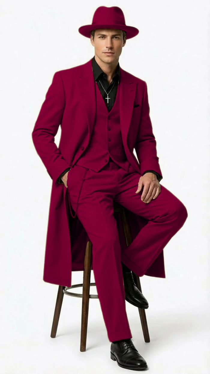 Men’s 1920s Burgundy Zoot Suit – Long Mafia Gangster Three-Piece Vintage Outfit Zuit Pachuco Style