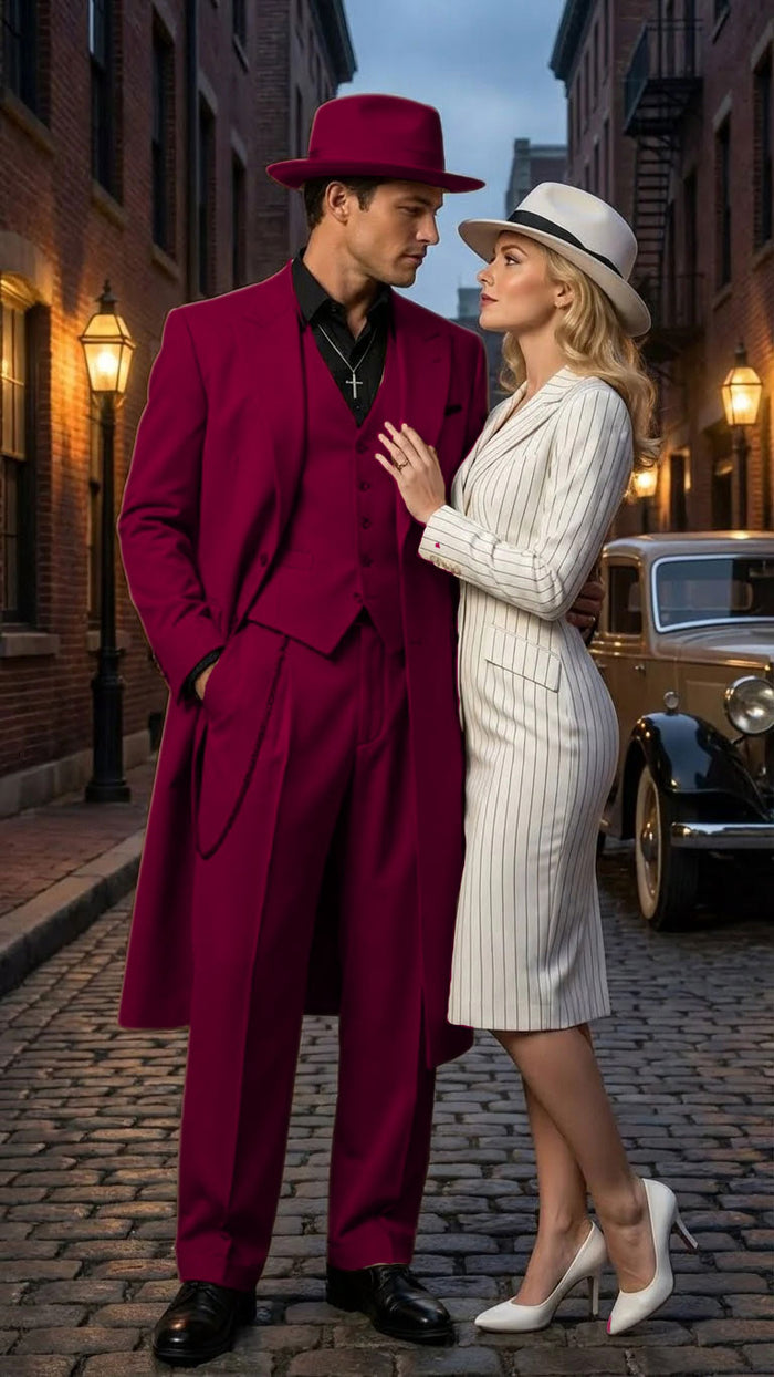 Men’s 1920s Burgundy Zoot Suit – Long Mafia Gangster Three-Piece Vintage Outfit Zuit Pachuco Style