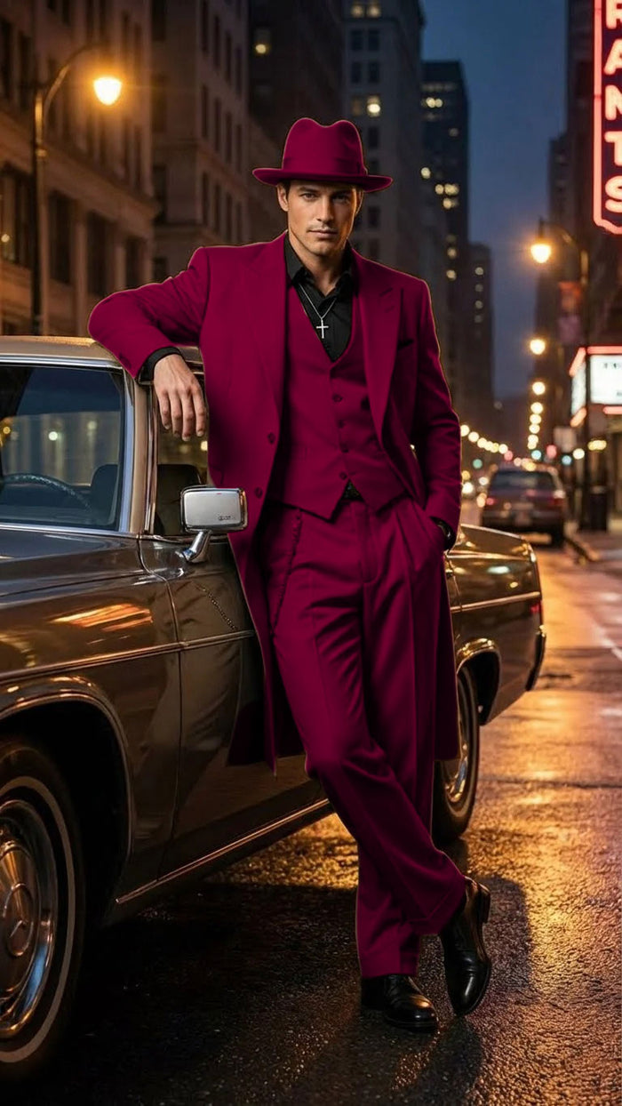 Men’s 1920s Burgundy Zoot Suit – Long Mafia Gangster Three-Piece Vintage Outfit Zuit Pachuco Style