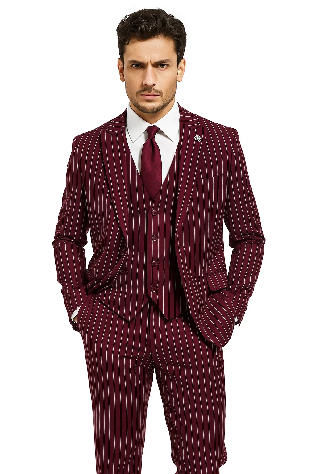 burgundy pinstripe suit