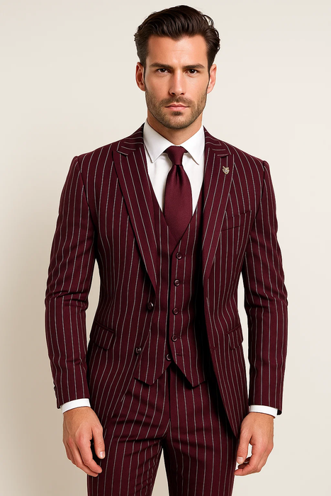 burgundy pinstripe suit
