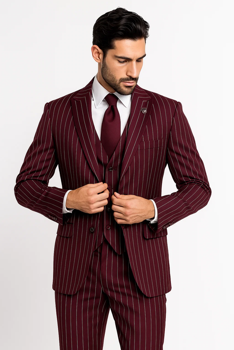burgundy pinstripe suit