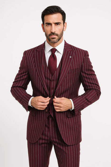 burgundy pinstripe suit