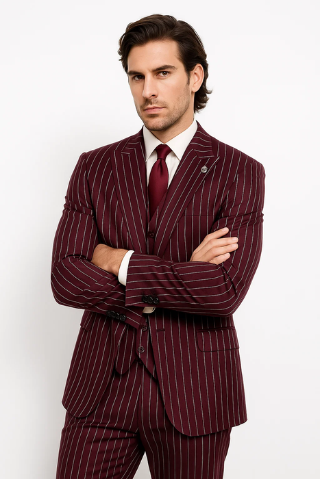 burgundy pinstripe suit