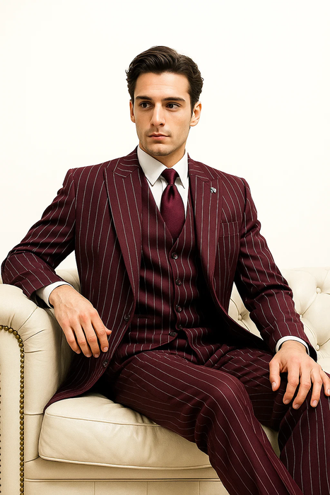burgundy pinstripe suit