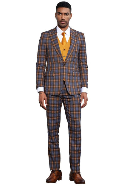 Men's Stacy Adams Bold Windowpane Plaid Print Vested Suit in Grey & Gold - Image 2