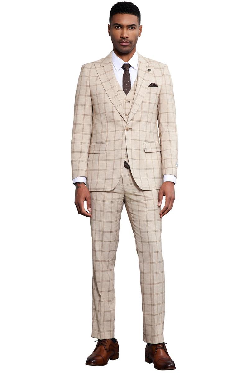 Men's Stacy Adams One Button Peak Lapel Vested Windowpane Plaid Suit in Tan - Image 2