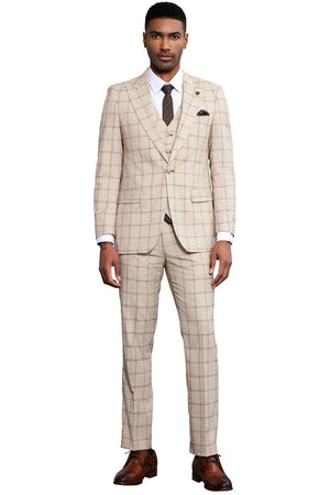 Men's Stacy Adams One Button Peak Lapel Vested Windowpane Plaid Suit in Tan - Image 2
