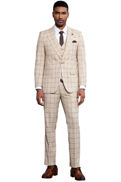 Men's Stacy Adams One Button Peak Lapel Vested Windowpane Plaid Suit in Tan - Image 2