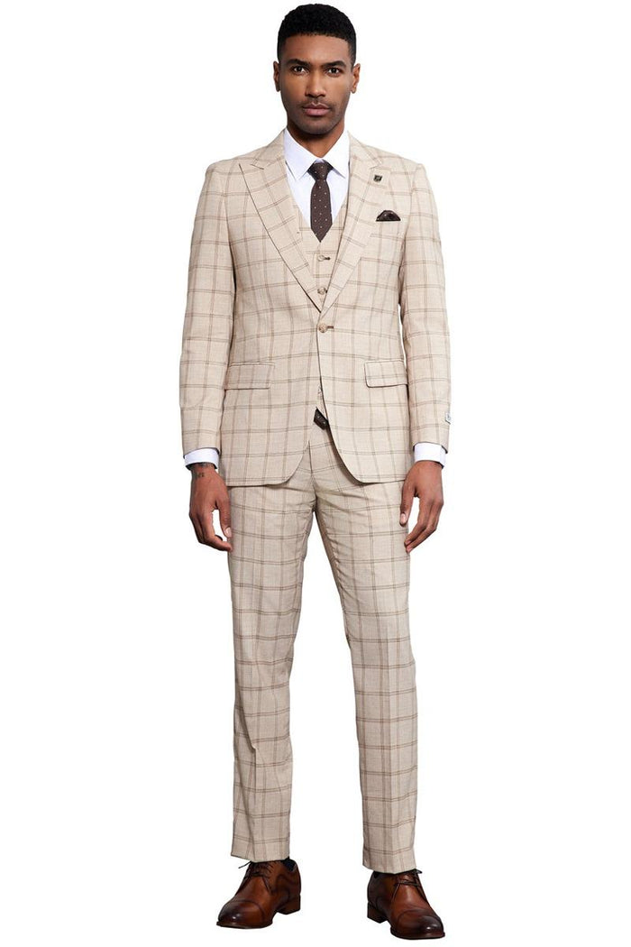 Men's Stacy Adams One Button Peak Lapel Vested Windowpane Plaid Suit in Tan - Image 2
