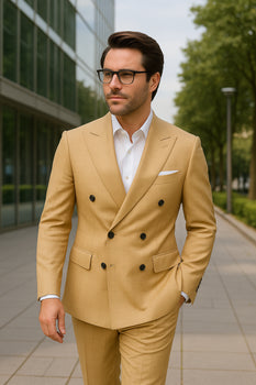 Wool Suit - Italian Made Business Suit by Statement Men's 100% Wool 2 Piece Double Breasted Suit - Subtle Windowpane