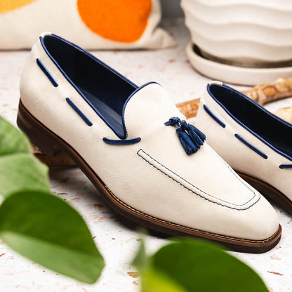 Zelli Carmen Italian Sueded Goatskin Tassel Loafers in Sand