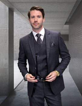 Statement Men's 3 Piece 100% Wool Plaid Suit - Modern Fit