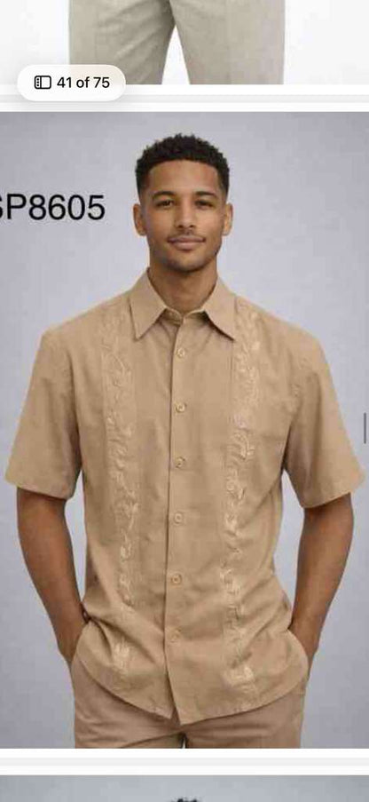 Mens Tan Embroidered Walking Suit Plus Matching Pants – Short Sleeve Shirt and Pants Casual Summer Outfit for Vacation, Beach in khaki Beige Color
