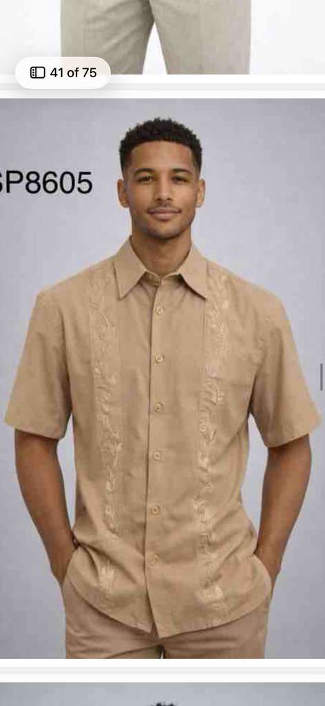 Mens Tan Embroidered Walking Suit Plus Matching Pants – Short Sleeve Shirt and Pants Casual Summer Outfit for Vacation, Beach in khaki Beige Color