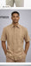 Mens Tan Embroidered Walking Suit Plus Matching Pants – Short Sleeve Shirt and Pants Casual Summer Outfit for Vacation, Beach in khaki Beige Color
