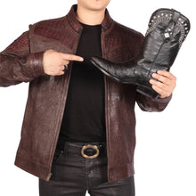 Men’s Brown Cowhide Leather Jacket with Crocodile Accents