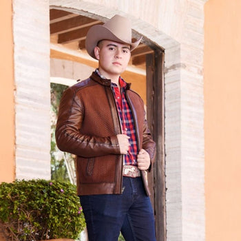 Men’s Brown Woven Cowhide & Sheepskin Leather Denim Jacket