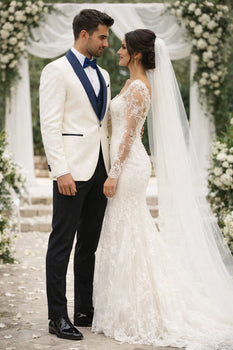 White Metallic Flake Navy Tailored-Fit Tuxedo – Men’s Formal 3-Piece Set