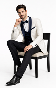 White Metallic Flake Navy Tailored-Fit Tuxedo – Men’s Formal 3-Piece Set